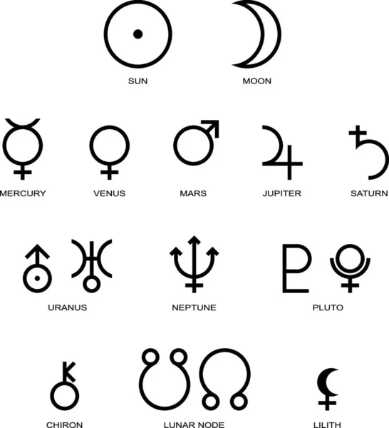 Illustration Huvudsakliga Planet Symbolerna Astrologi Isolerade Och Vit Bakgrund — Stock vektor