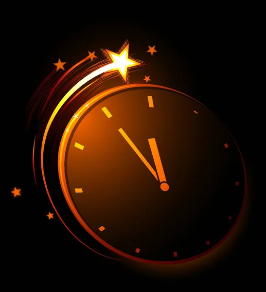 Orologio Colpisce Mezzanotte Con Fuochi Artificio Background — Vettoriale Stock