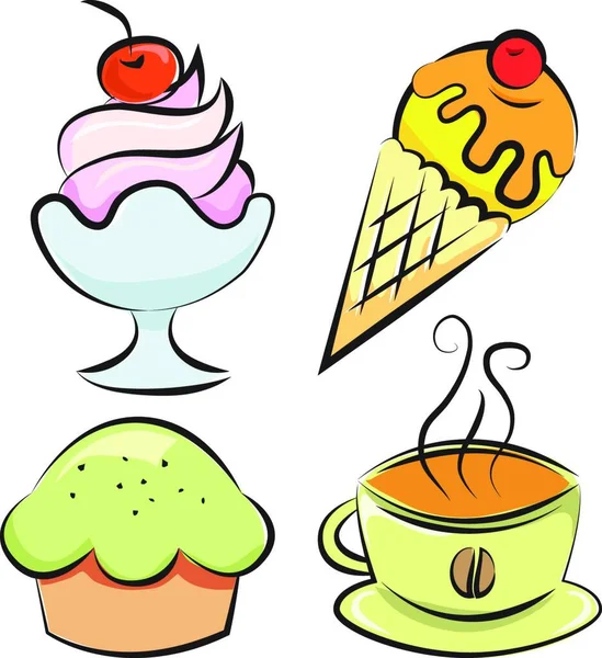 Conjunto Cuatro Artículos Postres Café Ilustración Vectorial — Archivo Imágenes Vectoriales