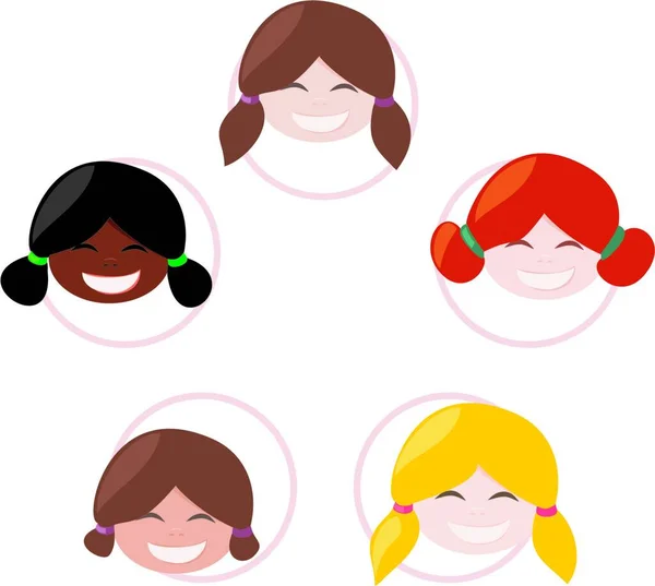 Heureux Groupe Écolières Multiculturelles Avec Différentes Couleurs Peau Cheveux Illustration — Image vectorielle