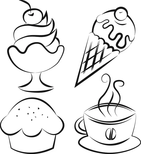 Набір Чотирьох Предметів Десерти Кава Векторні Ілюстрації — стоковий вектор