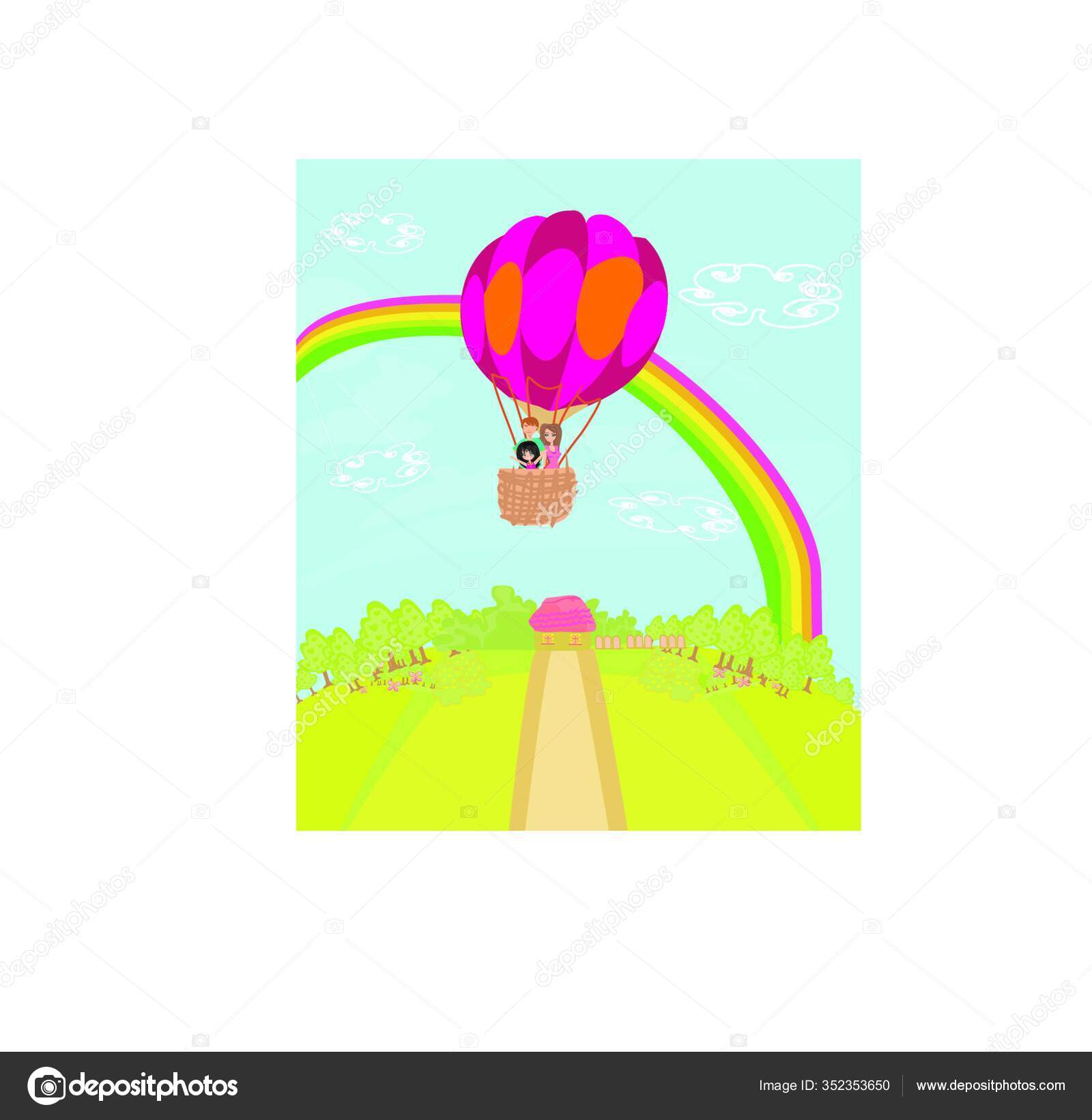 Keluarga Terbang Balon Udara Panas Atas Pelangi Stok Vektor C Panthermediaseller 352353650