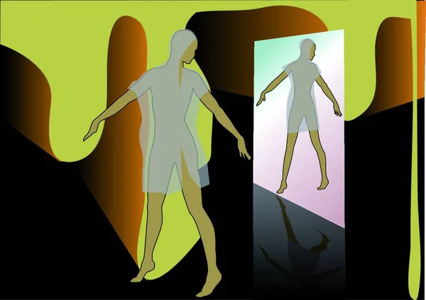 Χορεύτρια Πριν Από Τον Καθρέφτη Στο Αφηρημένο Διάδρομο — Διανυσματικό Αρχείο