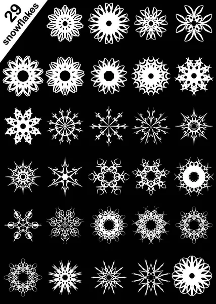 Set Van Sneeuwvlokken Geïsoleerd Een Zwarte Achtergrond — Stockvector