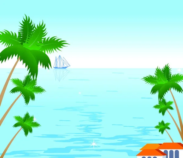 해변에 코코넛 야자수와 돛단배 — 스톡 벡터