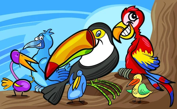 Zeichentrickillustrationen Von Lustigen Exotischen Vögeln Maskottchen Figuren Gruppe Für Kinder — Stockvektor