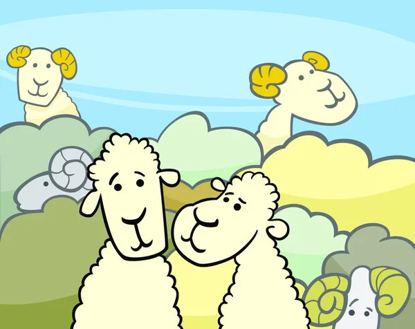 羊の群れの漫画イラスト 漫画キャラクターグループ — ストックベクタ