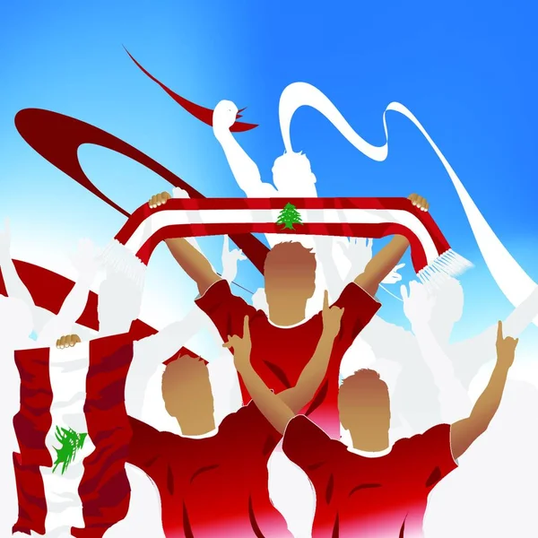 一群足球迷和三个戴着围巾和国旗的足球运动员 — 图库矢量图片