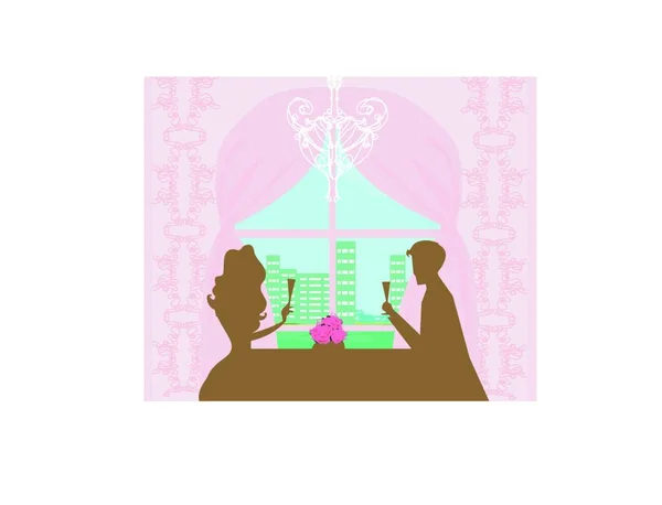 若いカップル浮気とシャンパンを飲む 招待カード — ストックベクタ