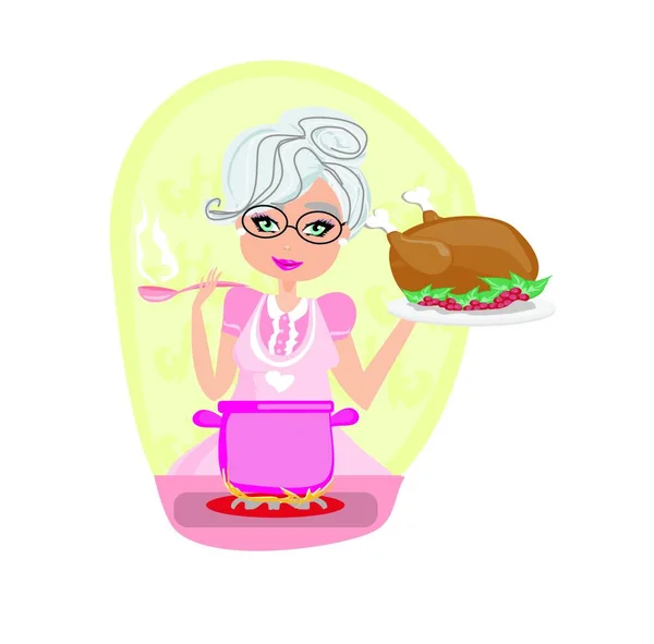 Grandmother Cooking Soup Serving Chicken — Stock Vector