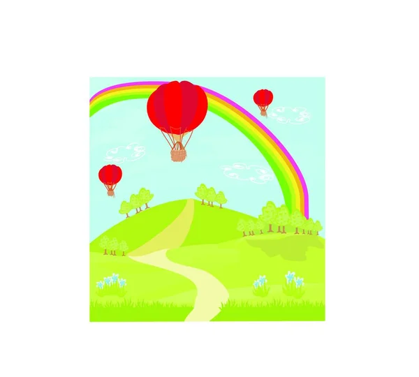 Fantasielandschaft Mit Roten Heißluftballons — Stockvektor