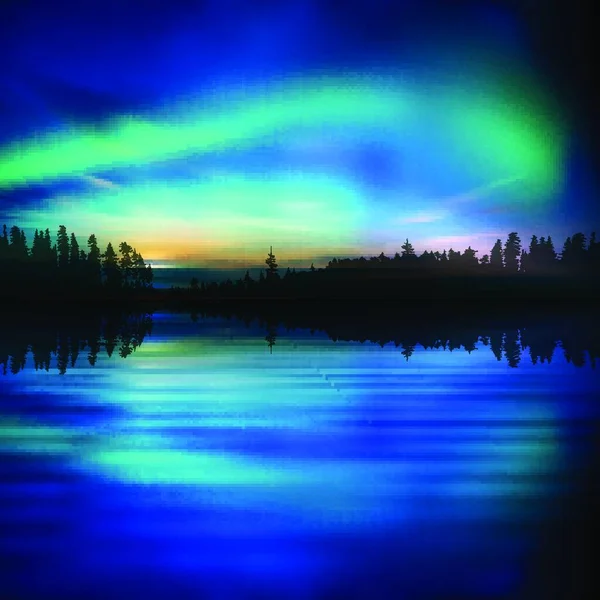 Abstrato Natureza Fundo Com Floresta Lago Aurora Boreal — Vetor de Stock