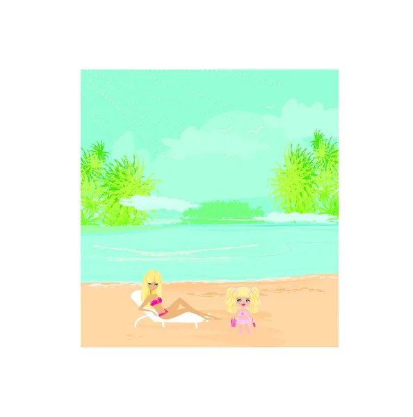 Jeune Mère Fille Plage — Image vectorielle