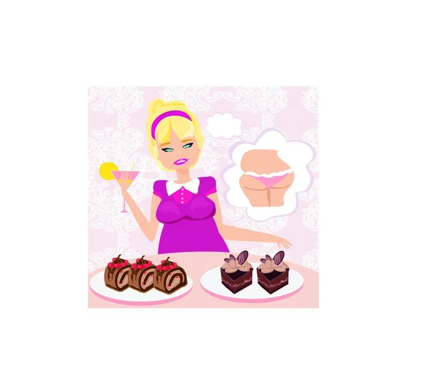 Kövér Lány Fél Enni Kalóriás Sütemények — Stock Vector
