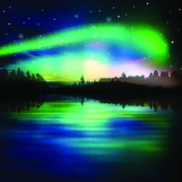 Abstrakt Natt Natur Bakgrund Med Gröna Aurora Borealis — Stock vektor