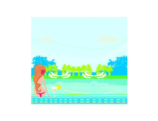 Young Woman Sunbathing Pool — Stock Vector