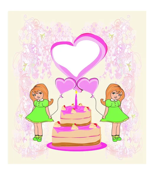Приглашение День Рождения Девушка Воздушными Шарами Праздничный Торт Свечами — стоковый вектор
