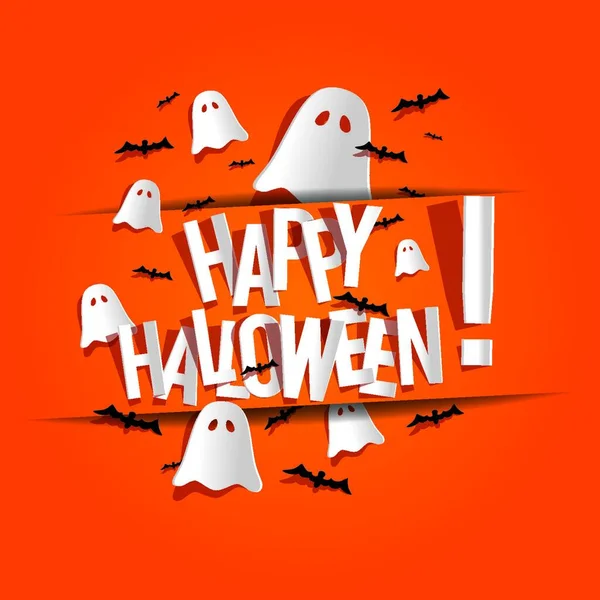 Happy Halloween Karte Mit Fledermäusen Und Geistern Auf Orangefarbenem Hintergrund — Stockvektor