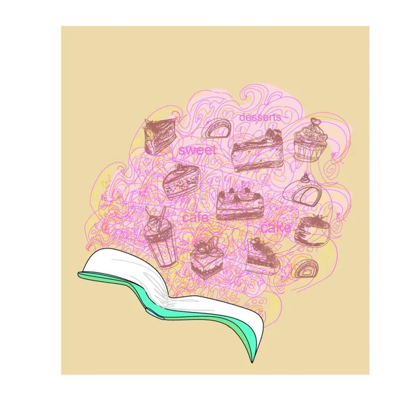 Sketchy Doodle Met Receptenboek Dessertingrediënten — Stockvector