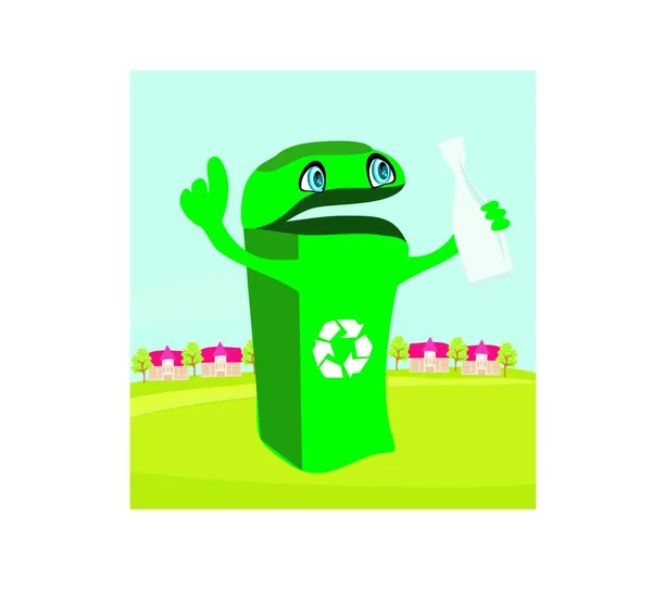 Grappige Recycling Bak Bevat Een Glazen Fles — Stockvector