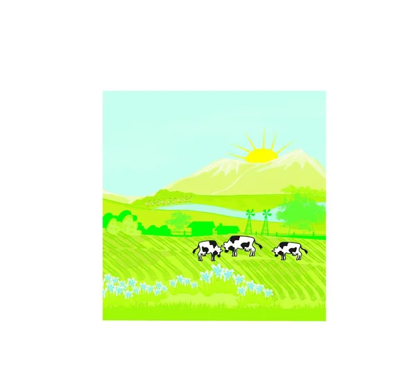 Корови Пасуться Зеленому Лузі — стоковий вектор