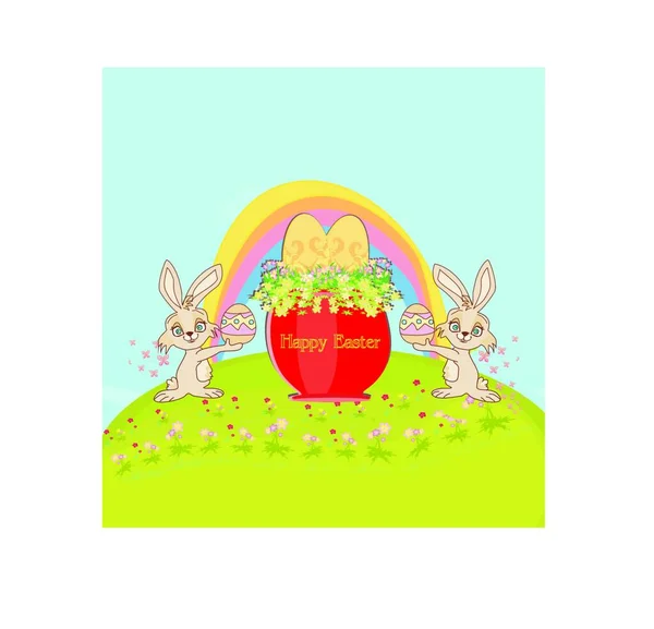Lustige Hasen Auf Der Wiese Osterkarte — Stockvektor