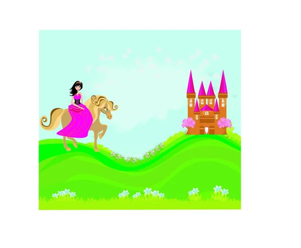 Princesa Montando Caballo Castillo — Vector de stock