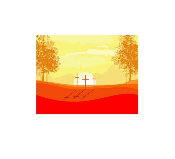 Kreuze Auf Einem Hügel Bei Sonnenuntergang Vektor Hintergrundkonzept Landschaft — Stockvektor