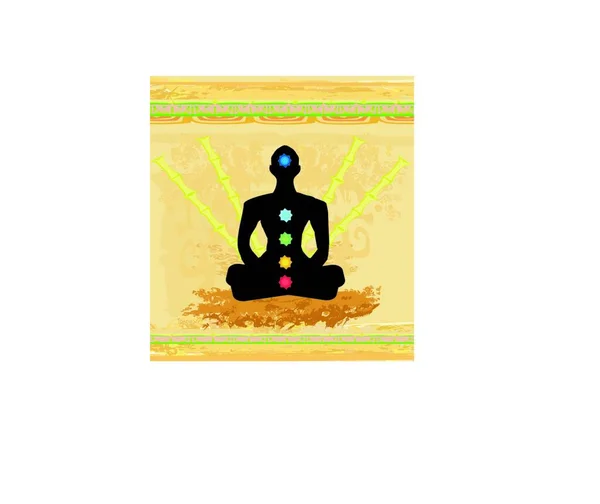 Postura Loto Yoga Padmasana Con Puntos Chakra Colores — Vector de stock