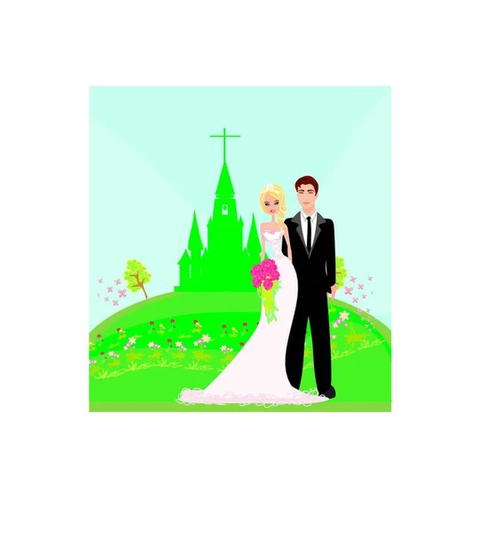 Pernikahan Pasangan Depan Gereja - Stok Vektor