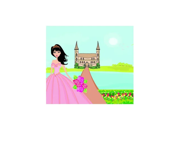 Beautiful Young Princess Front Her Castle — Stock Vector