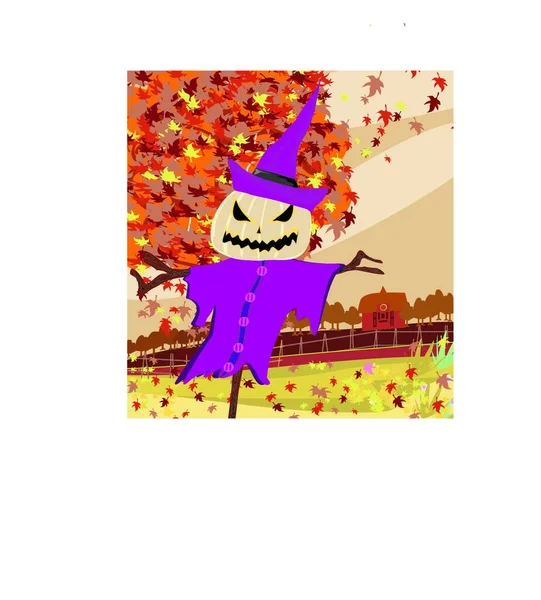 Halloween Madárijesztő Őszi Vidéki Táj — Stock Vector