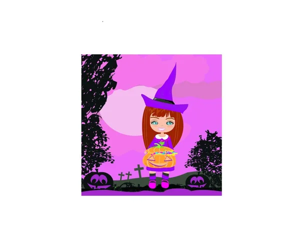 Girl Witch Costume Holding Pumpkin Candy — Stock Vector