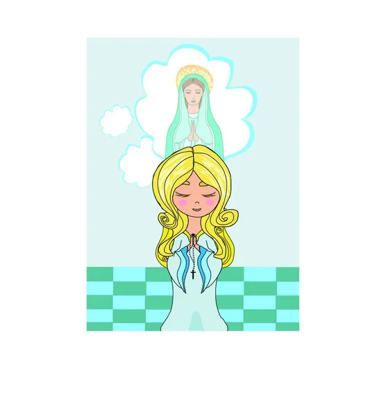 可爱的小女孩向圣母玛利亚祈祷 — 图库矢量图片