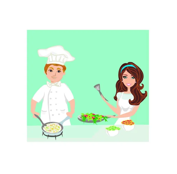 Zwei Köche Bereiten Köstliche Gerichte — Stockvektor