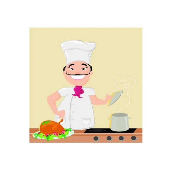 Cozinheiros Chef Sorridente Sopa — Vetor de Stock
