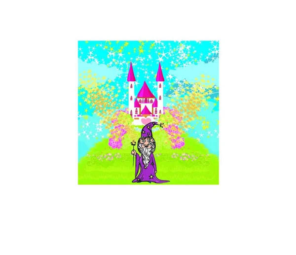巫师在童话城堡前使用魔法 — 图库矢量图片