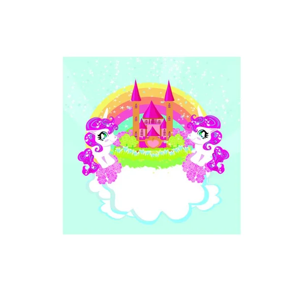 かわいいユニコーン虹とおとぎ話の姫の城を持つカード — ストックベクタ