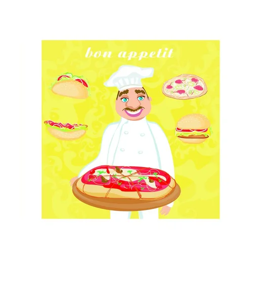 Lustiger Koch Serviert Pizza Abstrakte Karte Mit Fastfood Set — Stockvektor