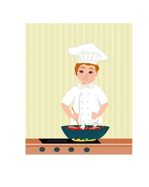 Chef Alegre Cocina Cocina — Vector de stock