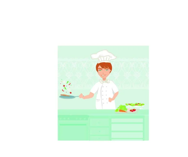 Chef Alegre Cocina Cocina — Vector de stock