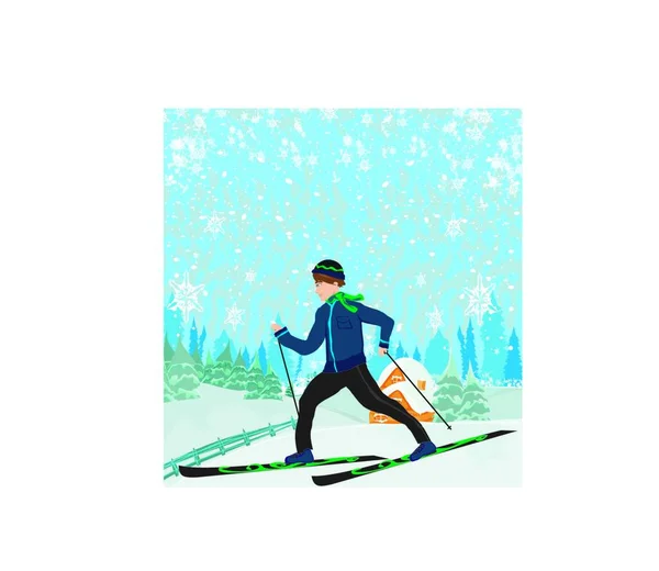 Boy Rides Skis Winter Day — Stock Vector