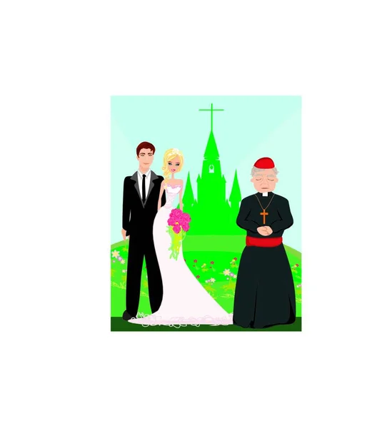 Pernikahan Pasangan Dan Imam Depan Gereja - Stok Vektor