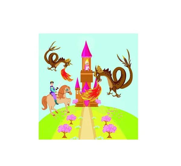 Two Dragons Attacking Princess Castle — Stock Vector
