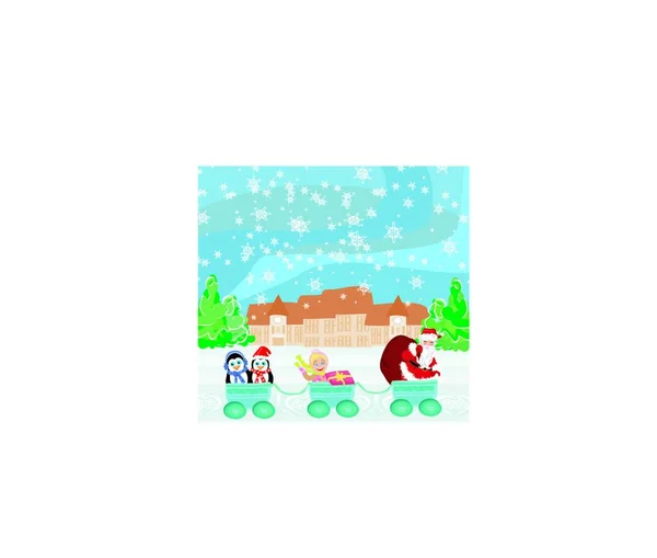 Santa Christmas Train Dziecko Prezenty Pingwiny — Wektor stockowy