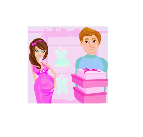 Beautiful Pregnant Woman Her Happy Husband Shopping — Stock Vector