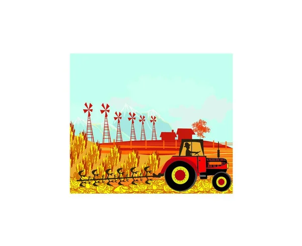 Farmer Plows Field — Stock Vector