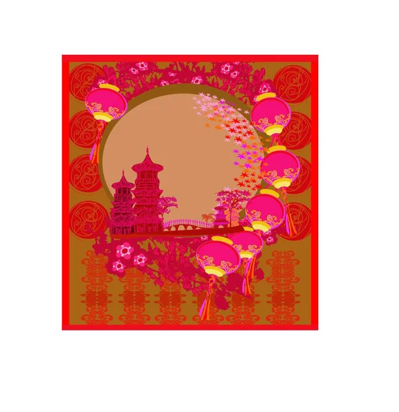 Chinese New Year Card Traditional Lanterns Asian Buildings — Stock Vector