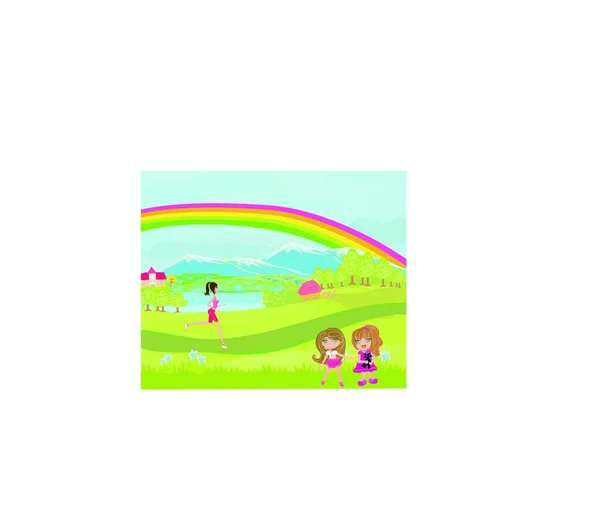 Día Primavera Niños Jugando Mujer Corriendo — Vector de stock