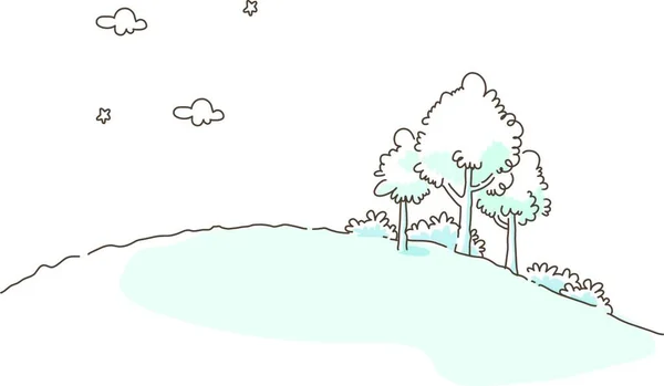 Stromy Nad Plochou Ikonou Kopce Vektorová Ilustrace — Stockový vektor